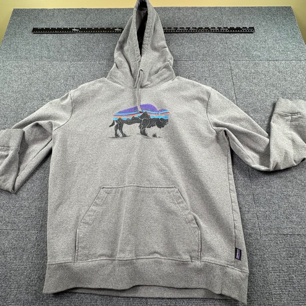 Patagonia Mens Uprisal Hoody Gray Fitz Roy Bison Graphic Sweatshirt Large